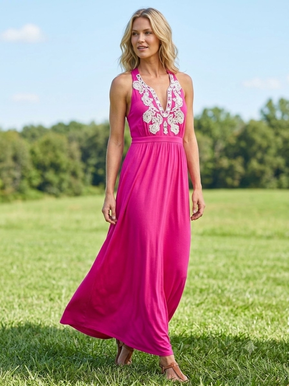 INC International Concepts Hot Pink Maxi Dress with White Crochet Trim